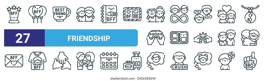 set of 27 outline web friendship icons such as award, balloons, mug, endless, photo album, tshirt, thinking, bro vector thin line icons for web design, mobile app.