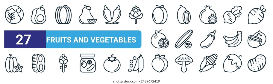 set of 27 outline web fruits and vegetables icons such as brussels sprouts, avocado, pumpkin, rockmelon, cucumber, peanut, peach, potato vector thin line icons for web design, mobile app.