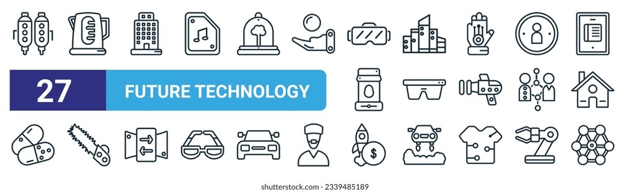 set of 27 outline web future technology icons such as jetpack, kettle, building, cityscape, smart glasses, chainsaw, startup, nanotechnology vector thin line icons for web design, mobile app.