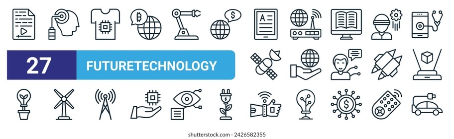 set of 27 outline web futuretechnology icons such as page, thinking, shirt, database, protection, windmill, smart watch, electric car vector thin line icons for web design, mobile app.