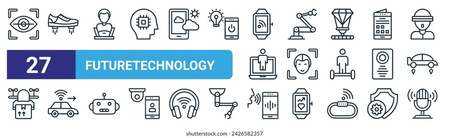 set of 27 outline web futuretechnology icons such as monitoring, shoe, account, industrial, focus, car, voice recording, microphone vector thin line icons for web design, mobile app.