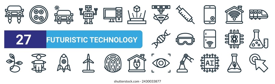 set of 27 outline web futuristic technology icons such as hover car, stem cells, solar energy car, vaccine, vr glasses, teleportation, eye scan, click vector thin line icons for web design, mobile