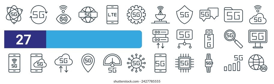 Set von 27 Outline-Web-G-Icons wie Netzwerk, Aktualisieren, Auge, Internet-Sicherheit, Verbindung, Cloud, Smartphone, World Vector Thin Line Icons für Web-Design, mobile App.