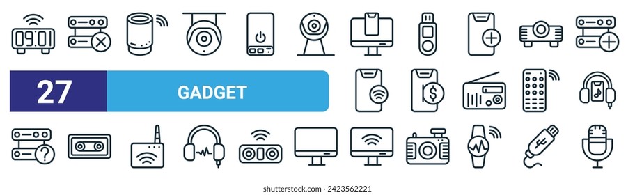 set of 27 outline web gadget icons such as digital clock, server, smart speaker, flash drive, electronic, case, television, microphone vector thin line icons for web design, mobile app.