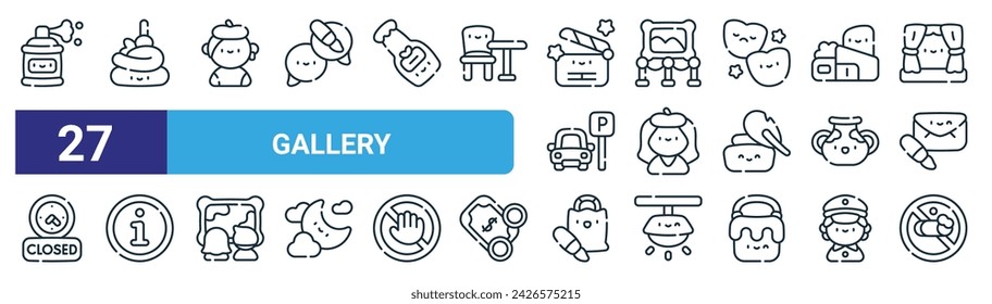 set of 27 outline web gallery icons such as spray, appetizer, artist, painting, artist, information, store, no smoking vector thin line icons for web design, mobile app.