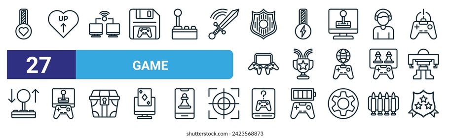 set of 27 outline web game icons such as live, heart, connection, energy, trophy, video game, tutorial, shield vector thin line icons for web design, mobile app.