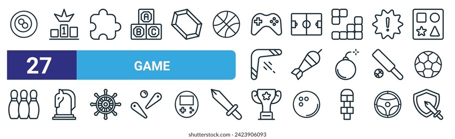 set of 27 outline web game icons such as eight ball, podium, puzzle piece, footbal field, dart, chess, trophy, rpg game vector thin line icons for web design, mobile app.