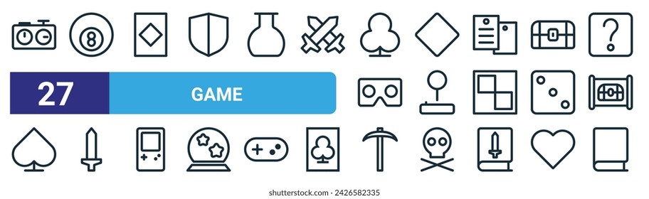 set of 27 outline web game icons such as chess clock, pool, diamond, diamond, joystick, sword, pickaxe, book vector thin line icons for web design, mobile app.