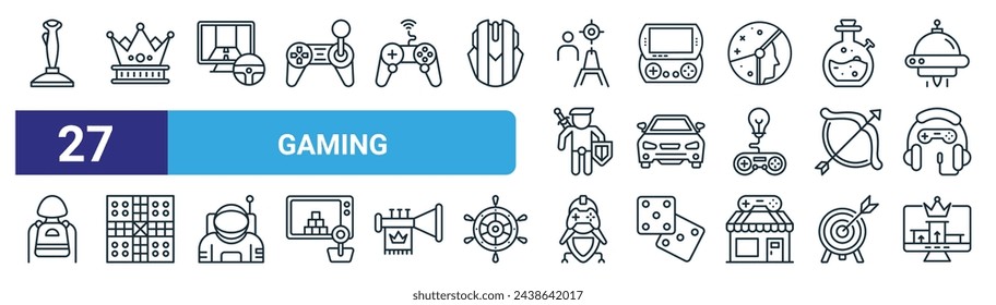 set of 27 outline web gaming icons such as game controller, king crown, computer game, psp, racing car, ludo, robot, achieve vector thin line icons for web design, mobile app.