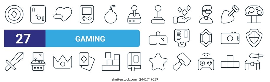 set of 27 outline web gaming icons such as coins, video game, heart rate, coins, video game, video game, star, treasure vector thin line icons for web design, mobile app.