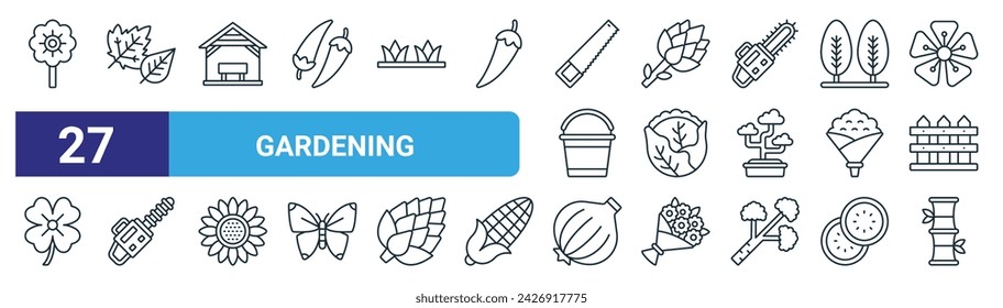 set of 27 outline web gardening icons such as dandelion, autumn leaves, arbor, asparagus, cabbage, garden trimmer, garlic, bamboo vector thin line icons for web design, mobile app.