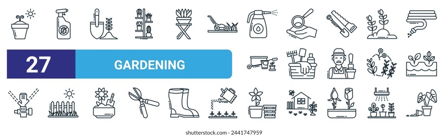 set of 27 outline web gardening icons such as plant, pesticide, trowel, soil analysis, basket, fence, flower pot, plant vector thin line icons for web design, mobile app.