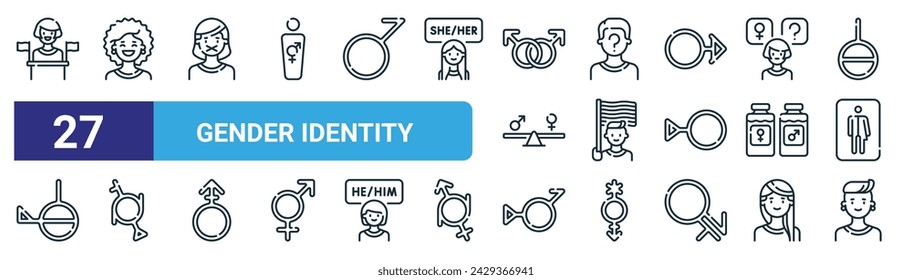 conjunto de 27 iconos de identidad de género web esquemática como podio, feliz, silencio, identidad de género, arco iris, genderfluido, bigénero, vector bigénero línea delgada iconos para el diseño web, aplicación móvil.