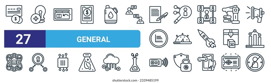 set of 27 outline web general icons such as annual fee, energy efficiency, digital product, hr solutions, credit score, collaborative idea, active sensor, impeachment vector thin line icons for web