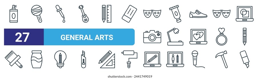 set of 27 outline web general arts icons such as spray, maracas, pipette, paint tube, lamp, vase, laptop, markers vector thin line icons for web design, mobile app.