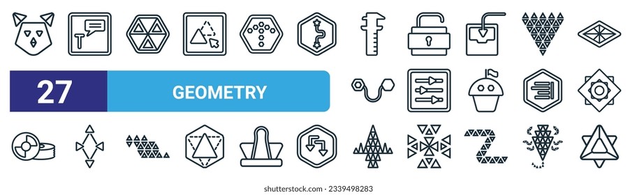 Satz von 27 Umrisssymbole wie polygonale Katze, Text, mehrere Dreiecke innerhalb von Hexagon, Entsperren, Anpassen, polygonale Synergieformen, polygonales Jet-Flugzeug, Metatron Würfel, Vektor-dünne Linie