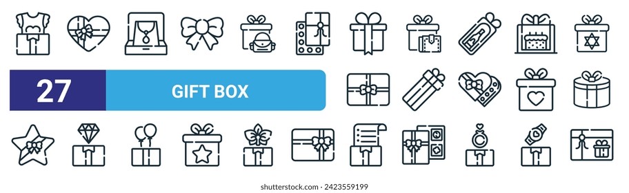 set of 27 outline web gift box icons such as gift, heart, gift, vector thin line icons for web design, mobile app.