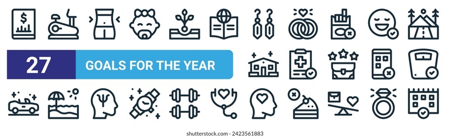 set of 27 outline web goals for the year icons such as investing, elliptical, lose weight, wedding, health checkup, vacation, love, monthly planning vector thin line icons for web design, mobile