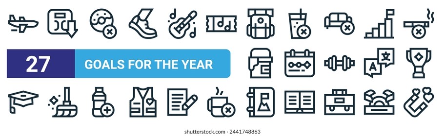 conjunto de 27 objetivos web esquemáticos para el año iconos como viajes, peso, sin dulces, sin alcohol, objetivos, limpieza, agenda, vector de amor línea delgada iconos para el diseño web, aplicación móvil.