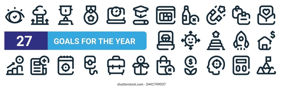 conjunto de 27 objetivos web esquemáticos para el año iconos como la visión, escaleras, premio, no beber, direcciones, periódico, no comprar, montañas vector línea delgada iconos para el diseño web, aplicación móvil.