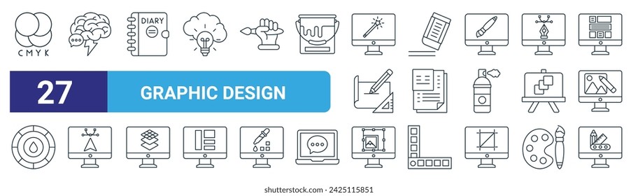 set of 27 outline web graphic design icons such as cmyk, brainstorm, diary, eraser, document, direct selection, resize, de vector thin line icons for web design, mobile app.