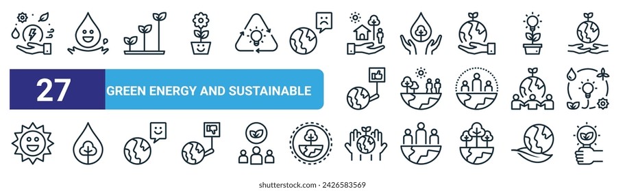 set of 27 outline web green energy and sustainable icons such as renewable energy, water, growth, conservation, ecosystem, water, conservation, renewable energy vector thin line icons for web