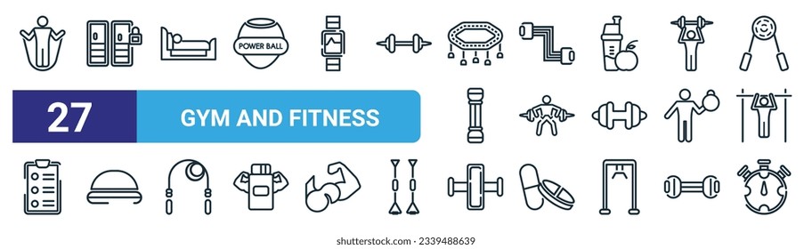 set of 27 outline web gym and fitness icons such as skipping rope, locker, sleep, resistance band, exercising dumbbell, bosu ball, gymnastic roller, big stopwatch vector thin line icons for web