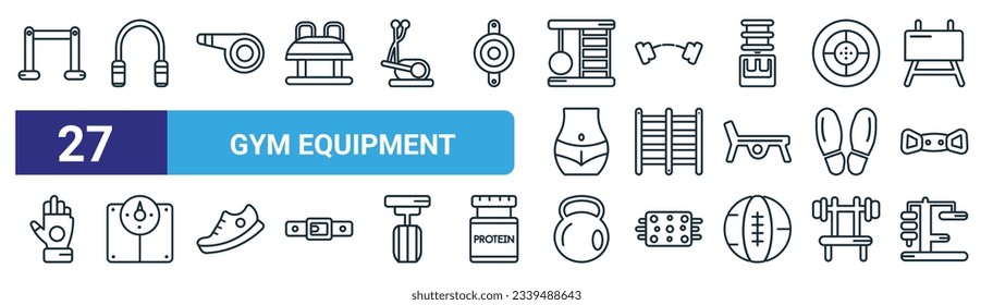 set of 27 outline web gym equipment icons such as pull up bar, jumping rope, trainer rod, weight bar, trellis, weight scale, kettlebells, gym station vector thin line icons for web design, mobile