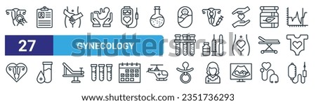 set of 27 outline web gynecology icons such as pregnancy, medical report, period cramps, insemination, vaccination, sample tube, pacifier, iv drip vector thin line icons for web design, mobile app. Stock photo © 