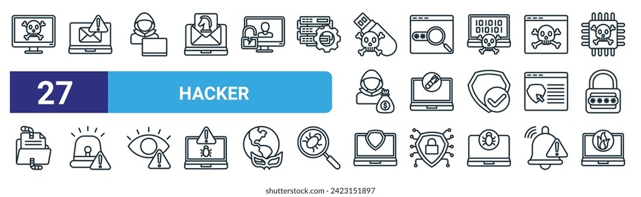 set of 27 outline web hacker icons such as virus, spam, hacker, password, ddos, alert, antivirus, cyber attack vector thin line icons for web design, mobile app.