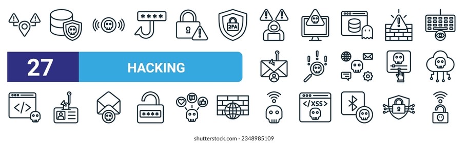 set of 27 outline web hacking icons such as  , sql injection, voice command, cybercrime, detection, identity theft, wireless, crack vector thin line icons for web design, mobile app.