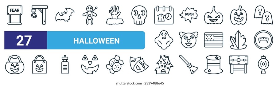 set of 27 outline web halloween icons such as fear, gallows, bats, boo, clown smile, halloween bag, haunted house, lanterns vector thin line icons for web design, mobile app.