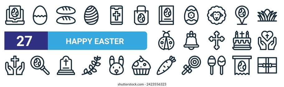 set of 27 outline web happy easter icons such as laptop, egg, bread, easter egg, bell, search, carrot, gift vector thin line icons for web design, mobile app.