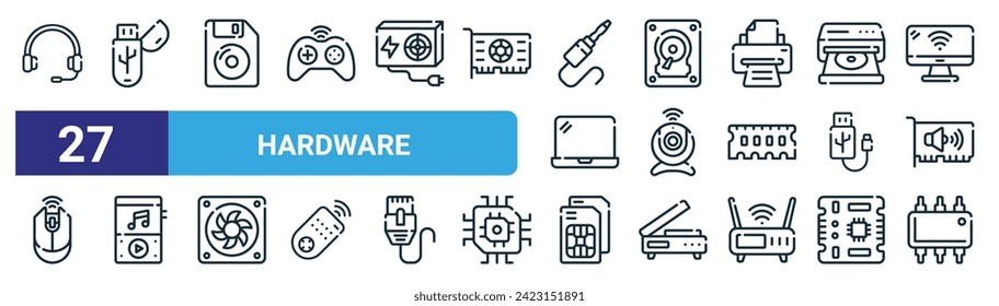 set of 27 outline web hardware icons such as headphones, pendrive, diskette, harddisk, webcam, music, sim, integrated vector thin line icons for web design, mobile app.