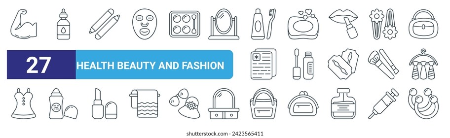 Set von 27 Umrissen Web-Gesundheit Schönheit und Mode-Icons wie Bicep, Dropper, Auge Bleistift, Seife, Mascara, Körperspray, Handtasche, Armlehnen Vektorgrafik dünnen Linie Symbole für Web-Design, mobile App.