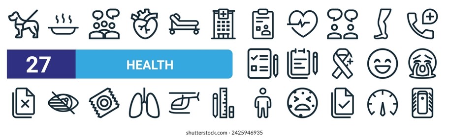 Set von 27 Outline Web Health Icons wie Hund, Hot, Benutzer, Herz, Notiz, niedrig, Mann, Bericht Vektor dünne Linie Icons für Web-Design, mobile App.