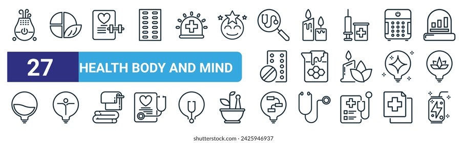 set of 27 outline web health body and mind icons such as humidifier, diet, workout, candle, honey, psychology, logic, energy drink vector thin line icons for web design, mobile app.