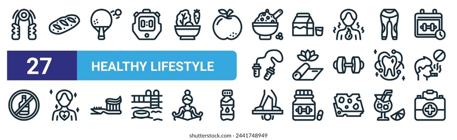 Set von 27 Outline Web gesunde Lifestyle-Icons wie Handgriff, Brot, Milch, Yogamatte, Wellness, Balance, medizinische Kit Vektor dünne Linie Icons für Web-Design, mobile App.