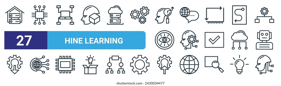 set of 27 outline web hine learning icons such as data warehouse, electronic, network, communication, ai, digital, input, hine learning vector thin line icons for web design, mobile app.