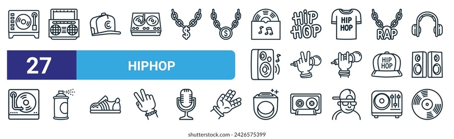 set of 27 outline web hiphop icons such as disc player, boombox, hat, hip hop, microphone, spray, ring, cd vector thin line icons for web design, mobile app.