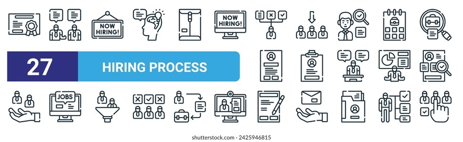 set of 27 outline web hiring process icons such as certificate, interview, hiring, hiring, id card, job search, job, recruitment vector thin line icons for web design, mobile app.