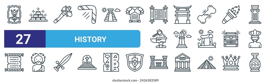 set of 27 outline web history icons such as painting, gold, stone axe, torii gate, obelisk, prehistoric man, fortress, vase vector thin line icons for web design, mobile app.