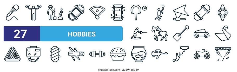 set of 27 outline web hobbies icons such as karaoke, workout, gardening, badminton, riding, traveling, fish tank, concert vector thin line icons for web design, mobile app.