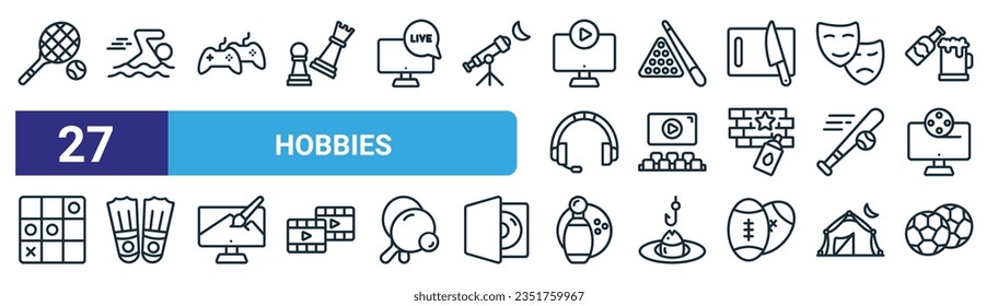 set of 27 outline web hobbies icons such as tennis, swim, gaming, billiard, movie theater, diving, bowling, soccer vector thin line icons for web design, mobile app.