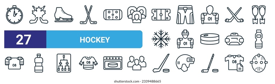 set of 27 outline web hockey icons such as timer, maple leaf, ice skate, pants, hockey player, water bottle, hockey, mask vector thin line icons for web design, mobile app.