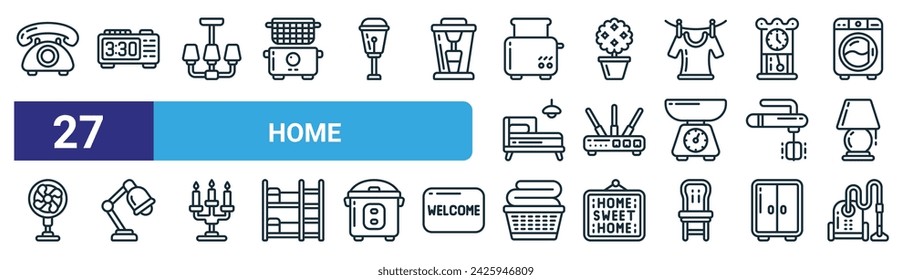 set of 27 outline web home icons such as phone, clock, lights, plant, router, lamp, laundry, vacuum vector thin line icons for web design, mobile app.