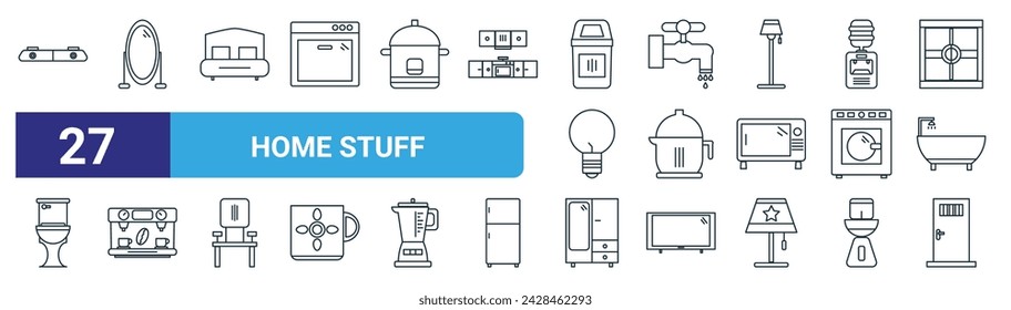 conjunto de 27 iconos de cosas de la web del contorno tales como estufa, espejo, cama, grifo de agua, hervidor de agua, máquina de café, clo, vector de puerta delgada línea iconos para el diseño web, aplicación móvil.