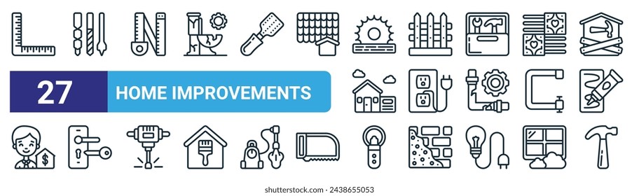 set of 27 outline web home improvements icons such as ruler, drill bit, measuring tape, fence, plug and socket, lock, hand saw, hammer vector thin line icons for web design, mobile app.