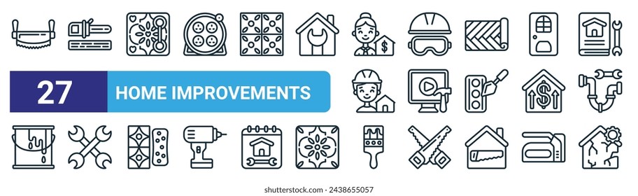 conjunto de 27 iconos de mejoras de la casa web de contorno como sierra de mano, hoja de sierra, azulejo, gafas de seguridad, video, llave inglesa, pincel, vector de la casa, iconos de línea delgada para el diseño web, aplicación móvil.