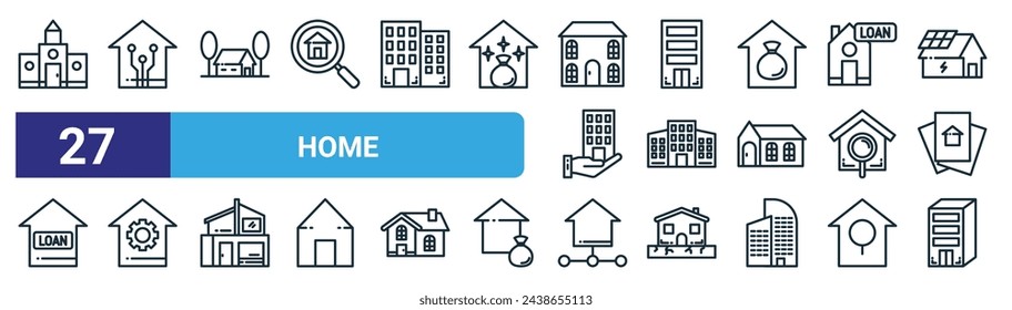 set of 27 outline web home icons such as home, home, vector thin line icons for web design, mobile app.